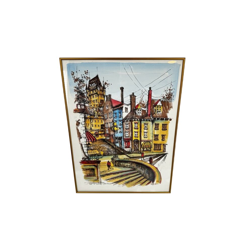 Chateau Frontenac Signed Ink and Watercolor Art Print Canadian Street Scene RARE